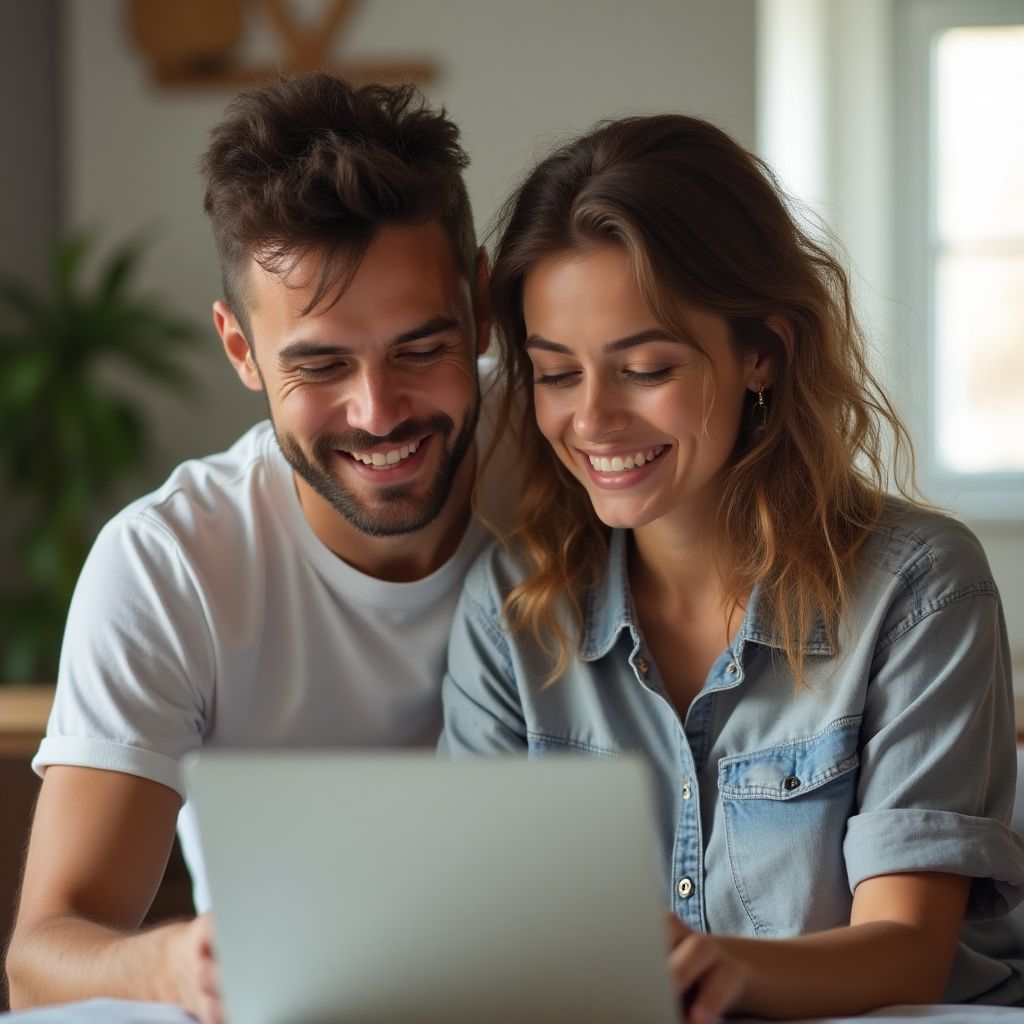 Pareja joven celebrando logros financieros